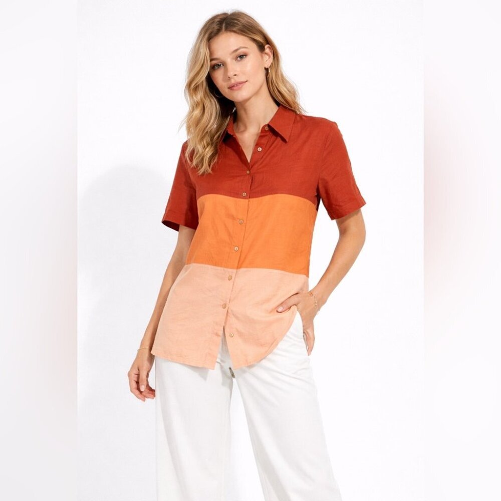 Summer Linen Colorblock Button Up Shirt Dress Orange Size 10 Resort Wear Vacay